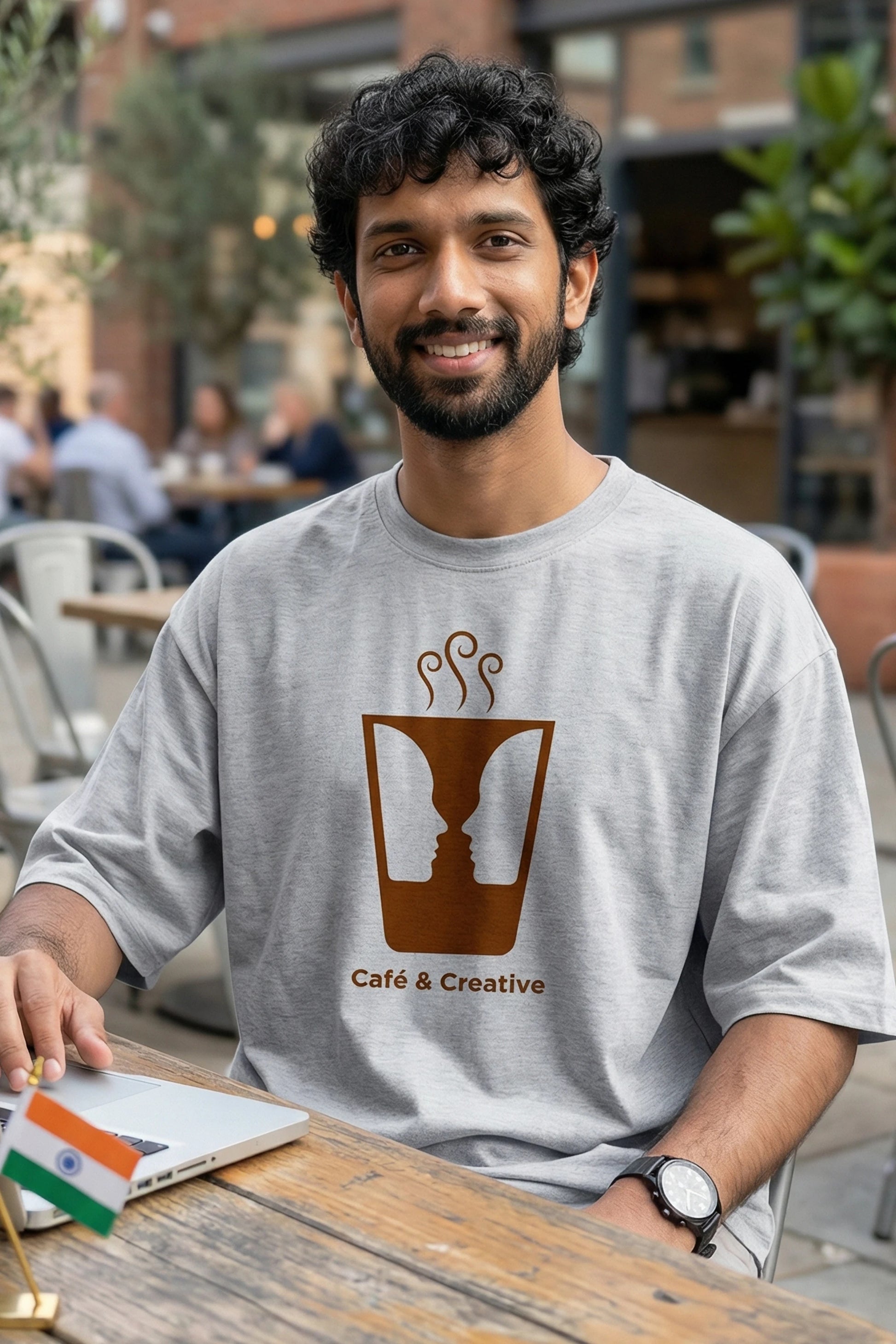 Cafe Creative Oversized T-Shirt Grey Melange - Coffee Illusion Graphic Tee 240 GSM India