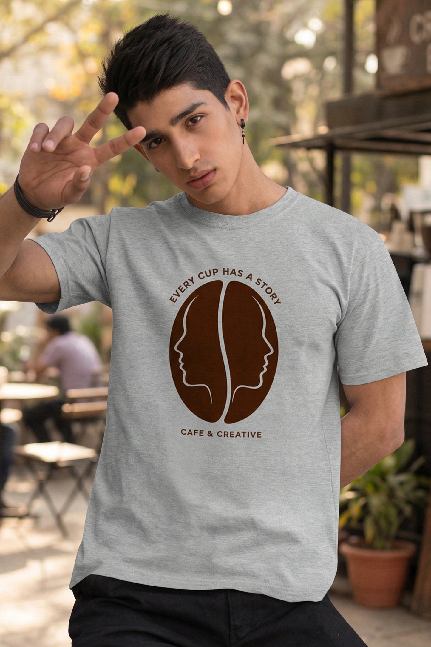 Every Cup Has a Story T-Shirt Grey Melange - Coffee Bean Illusion Graphic Tee 180 GSM India
