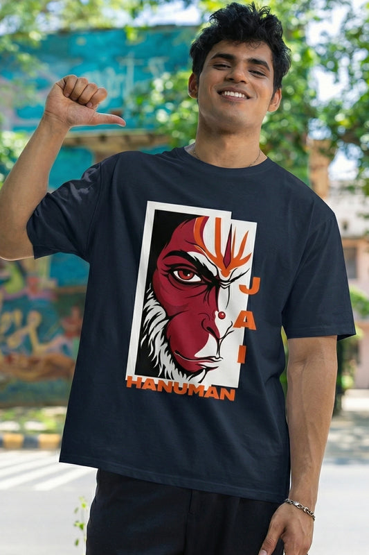 Jai Hanuman Oversized T-Shirt Navy Blue - Bajrangbali Print 240 GSM Oversized India