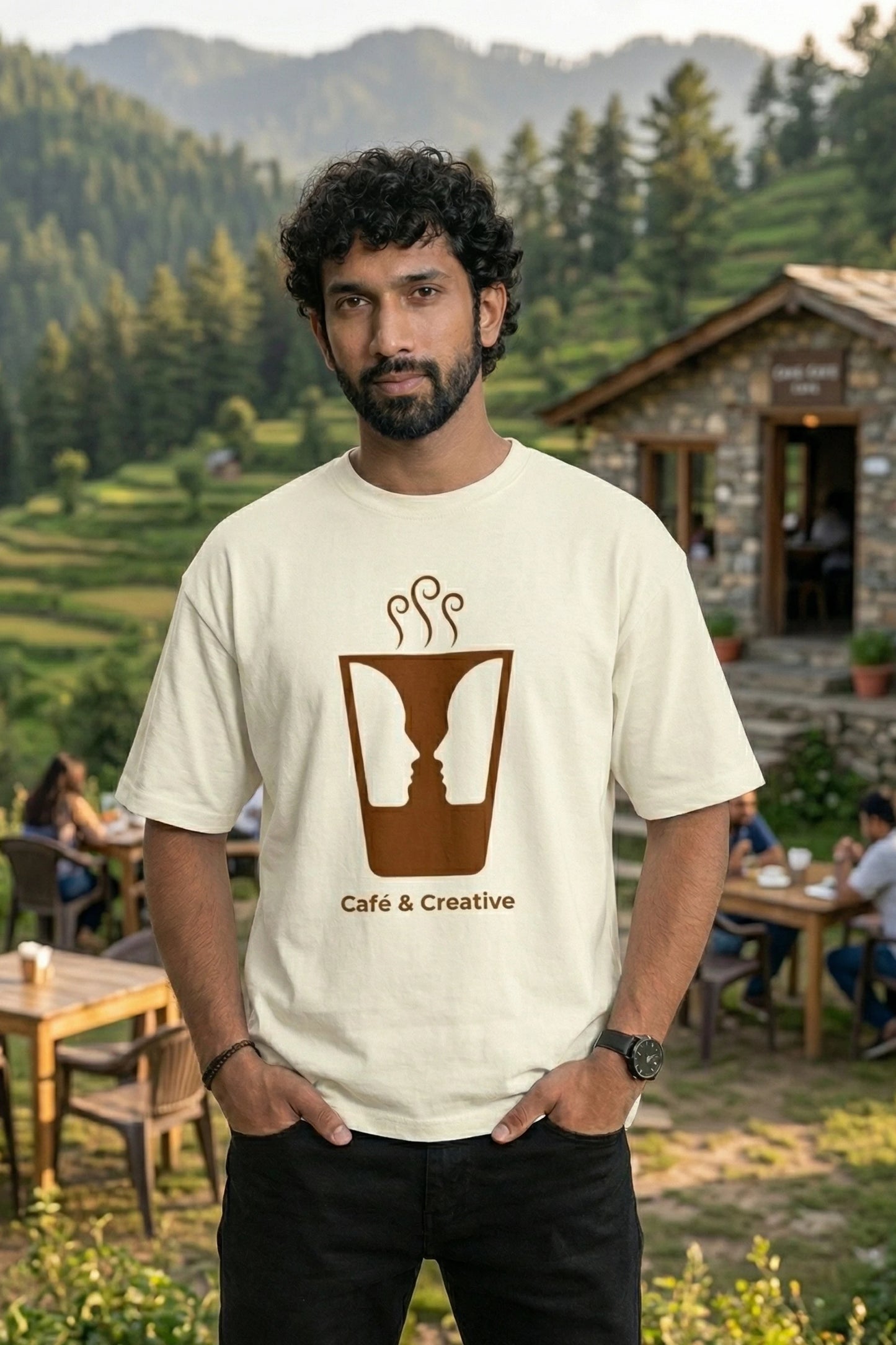 Cafe Creative Oversized T-Shirt Off White - Chai Glass Faces Illusion 240 GSM India Trendjee