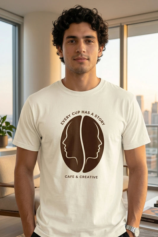 Every Cup Has a Story T-Shirt Off White - Cafe Creative Classic Fit Unisex India Trendjee