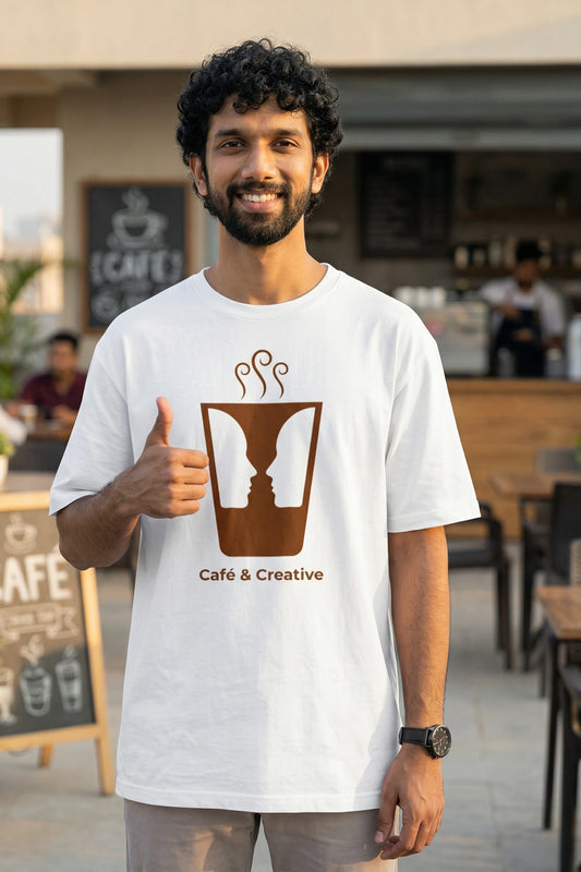 Cafe Creative Oversized T-Shirt White - Chai Glass Faces Illusion 240 GSM India Trendjee