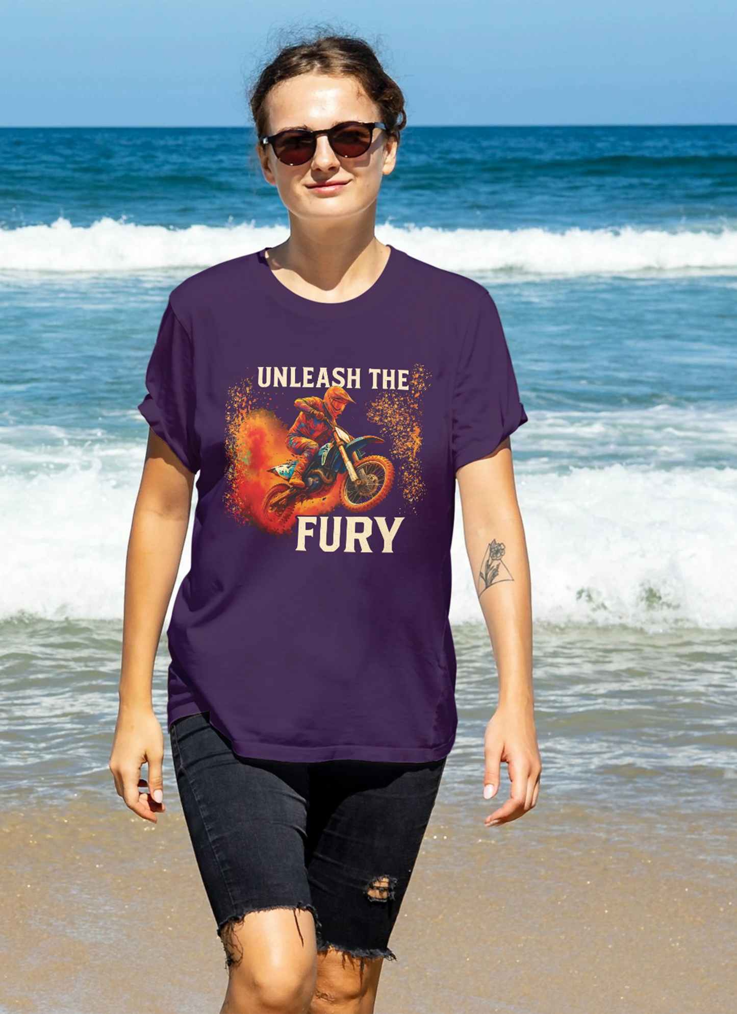 Unleash The Fury Women Biker T-Shirt Purple - Front Back Print - 240 GSM Oversized Fit India